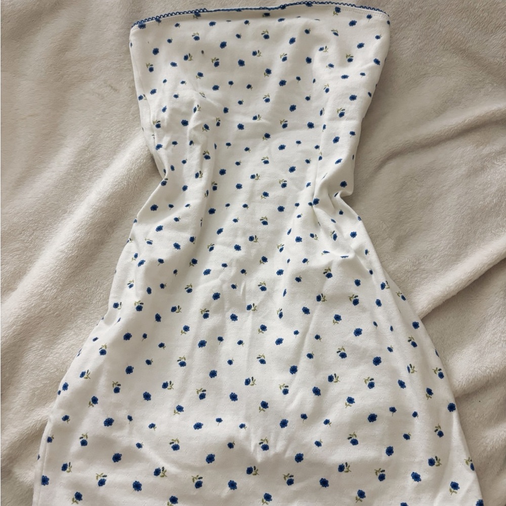 Forever 21 Strapless White Dress with Blue Dots